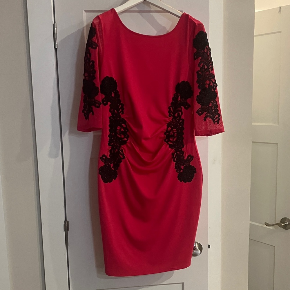 Lipsy Scarlet Dress with Black Floral Lace